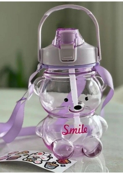 Smile Ayıcık Model Su Matarası Su Şişesi Suluk 1000ML Bpa Içermez Suluk 3D Sticker Hediye