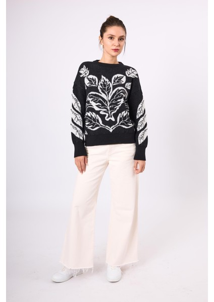 Stardust Jakarlı Kadın Krop Kesim Triko Kazak - Siyah/ekru
