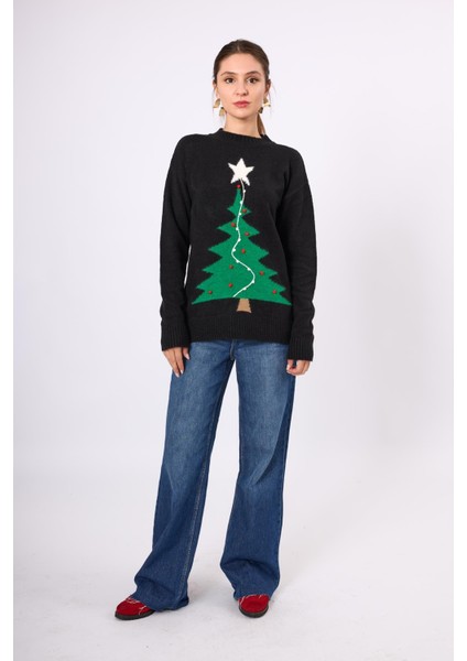 Happy Times Çam Ağacı Desenli Unisex Yılbaşı Kazağı - Siyah/yeşil