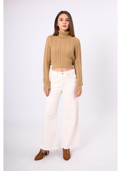 Scarlett Saç Örgülü Krop Kesim Kadın Triko Kazak - Camel