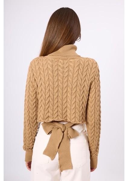 Scarlett Saç Örgülü Krop Kesim Kadın Triko Kazak - Camel fiyatları