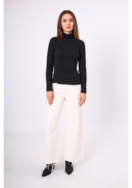 Britta Rib Örgü Fit Kalıp Kadın Triko Kazak - Siyah