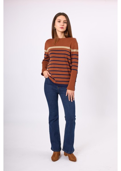 Monroe Çizgili Kadın Triko Kazak - Kızıl Kahve