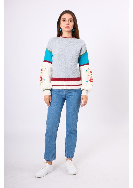 Aurora Rahat Kesim Kadın Triko Kazak - Gri/mavi/multi