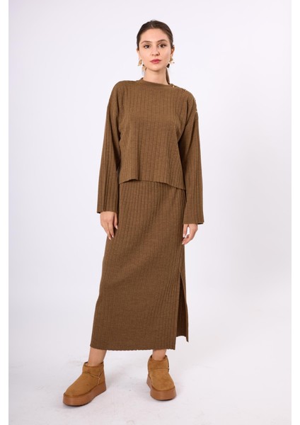 Molly Omuzu Düğmeli Kadın Triko Kazak - Kahve Melanj