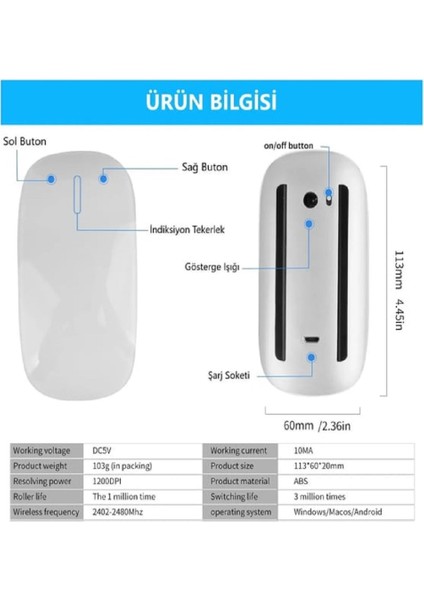 Touch Bluetooth Mouse Tablet, Telefon, Bilgisayar ile Uyumlu