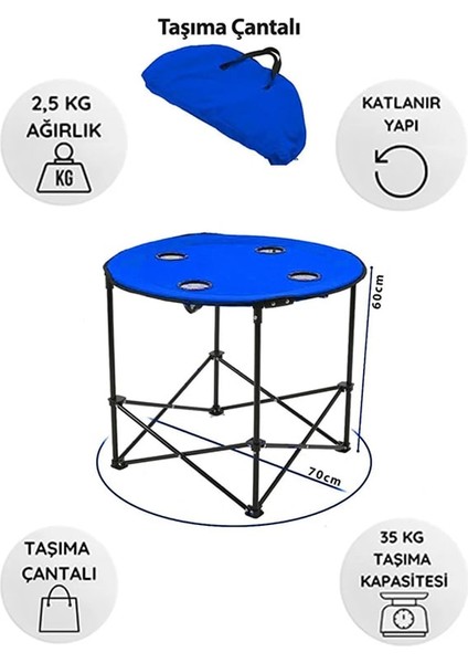 Yuvarlak Katlanır Kamp Masası-70 x 60 cm Taşıma Çantalı Piknik Masası