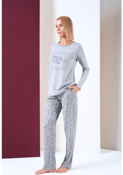 Kadın Sıfır Yaka Yıldız Desenli Yazılı Uzun Kol Pijama Takım fiyatları