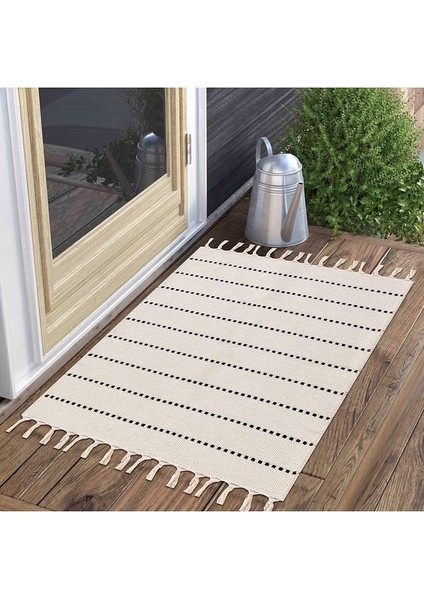 Kaymaz Taban Yıkanabilir Pamuklu Kilim 60X100 cm Halı Kilim,krem-Siyah, Bohem Halı