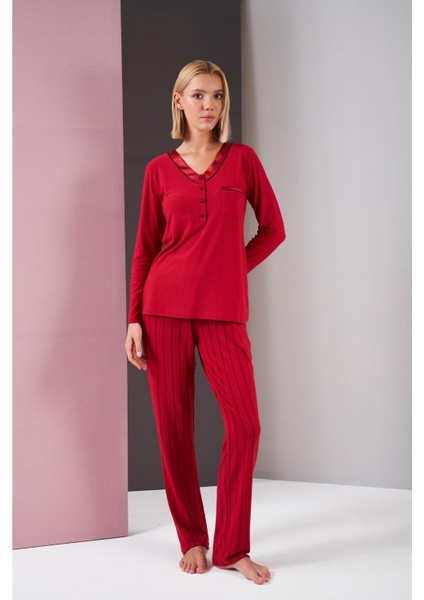 Kadın Patlı Saten Yaka Biyeli Balıksırtı Çizgili Cepli Pijama Takım fiyatları