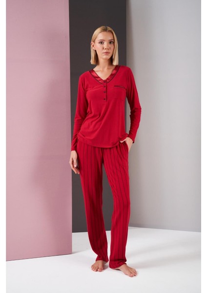 Kadın Patlı Saten Yaka Biyeli Balıksırtı Çizgili Cepli Pijama Takım modelleri