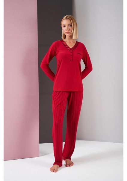 Kadın Patlı Saten Yaka Biyeli Balıksırtı Çizgili Cepli Pijama Takım fırsatları