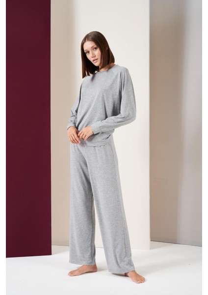 Kadın Sıfır Yaka Bol Paça Uzun Kol Pijama Takım