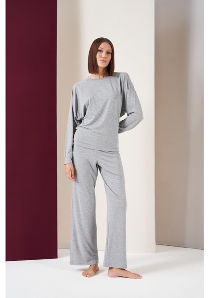 Kadın Sıfır Yaka Bol Paça Uzun Kol Pijama Takım
