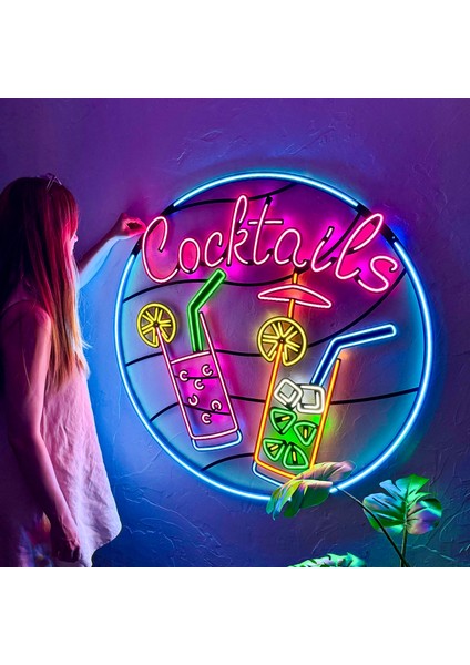 Cocktails Neon (Led) Tabela - Pub Duvar Dekoru - Metal Üzerine Neon Duvar Lambası | 100 cm x 100 cm