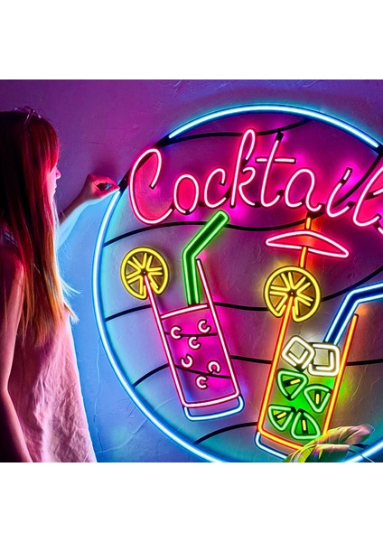 Cocktails Neon (Led) Tabela - Pub Duvar Dekoru - Metal Üzerine Neon Duvar Lambası | 100 cm x 100 cm