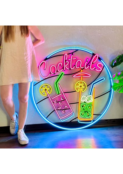 Cocktails Neon (Led) Tabela - Pub Duvar Dekoru - Metal Üzerine Neon Duvar Lambası | 100 cm x 100 cm