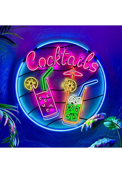 Cocktails Neon (Led) Tabela - Pub Duvar Dekoru - Metal Üzerine Neon Duvar Lambası | 100 cm x 100 cm