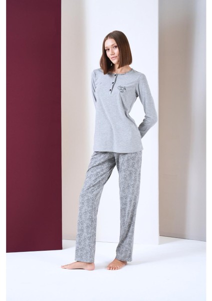 Kadın Patlı Yıldız Desenli Uzun Kol Pijama Takım
