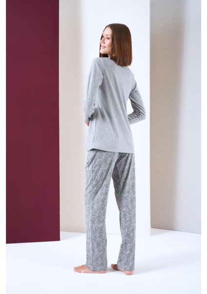 Kadın Patlı Yıldız Desenli Uzun Kol Pijama Takım