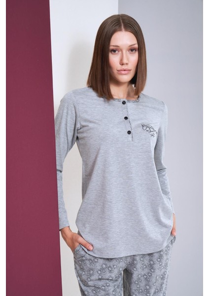 Kadın Patlı Yıldız Desenli Uzun Kol Pijama Takım