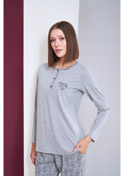Kadın Patlı Yıldız Desenli Uzun Kol Pijama Takım