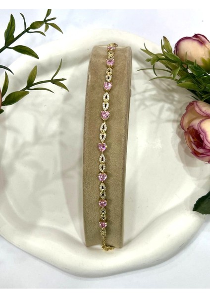 Kalp ve Zirkon Taşlı Çelik Bileklik (14K Gold 16-19CM)