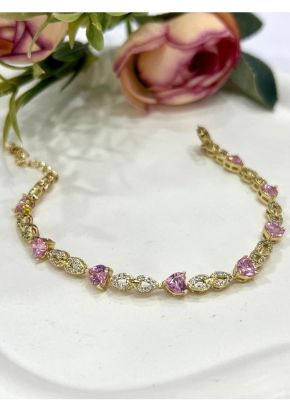 Kalp ve Zirkon Taşlı Çelik Bileklik (14K Gold 16-19CM)