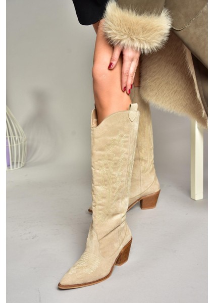 T267765202 Bej Süet Kovboy Model Kadın Çizme