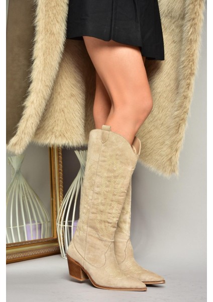 T267765202 Bej Süet Kovboy Model Kadın Çizme