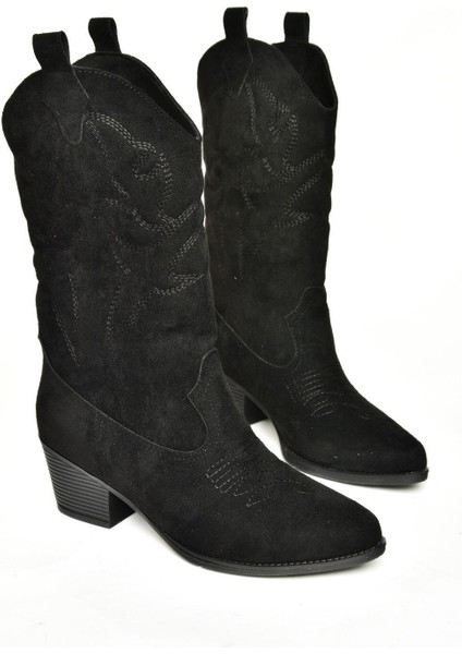 T820088702 Siyah Süet Kovboy Model Kadın Çizme modelleri