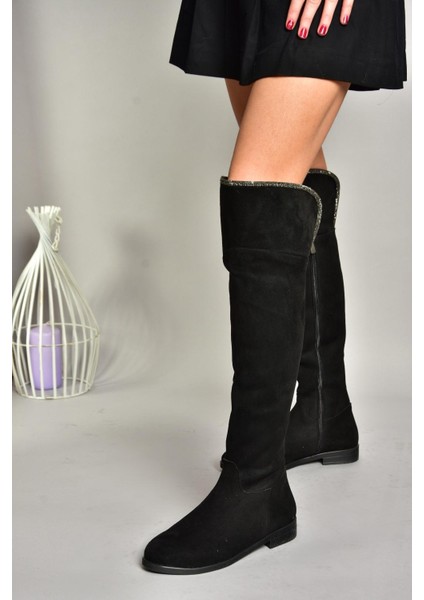 T848643502 Siyah Süet Taş Detaylı Kadın Çizme