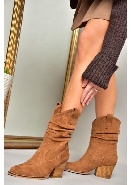 T296713002 Taba Süet Kalın Topuklu Kadın Bot
