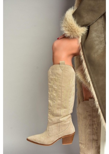 T267765202 Bej Süet Kovboy Model Kadın Çizme
