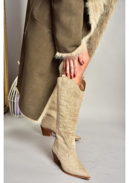 T267765202 Bej Süet Kovboy Model Kadın Çizme modelleri