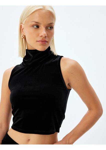 Kadife Crop Top Kolsuz Dik Yaka
