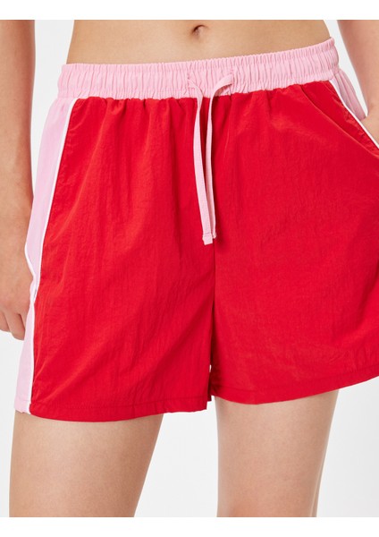 Oversize Spor Şort Yüksek Bel Biyeli Beli Bağcıklı Renk Bloklu Cepli
