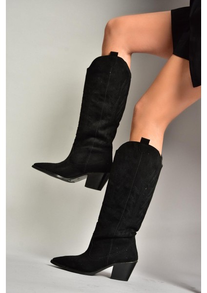 T267765202 Siyah Süet Kovboy Model Kadın Çizme