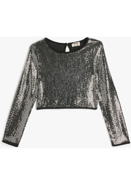 Pullu Payetli Bluz Uzun Kollu Bisiklet Yaka