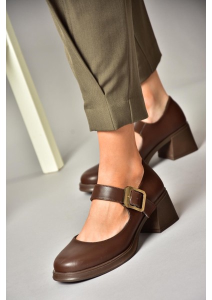 T820236009 Kahverengi Kalın Topuklu Kadın Ayakkabı