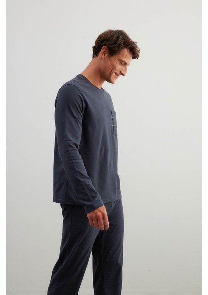 Erkek Pamuklu Uzun Kollu Cepli Pijama Üstü