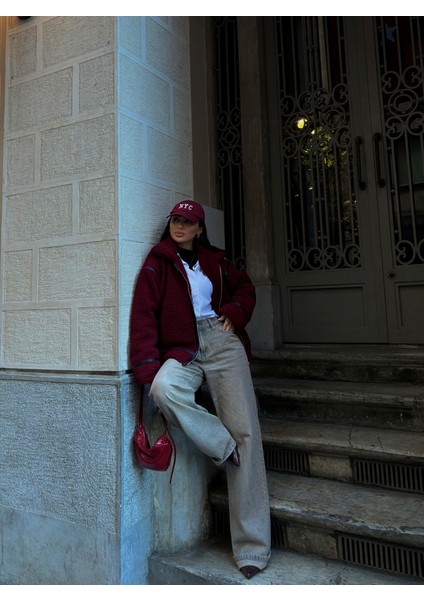 Dean Kürklü Biker Ceket 20037 Bordo