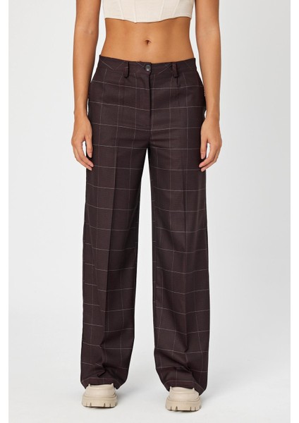 Alexandergardi Wide Leg Bol Paça Kareli Çift Cepli Klasik Kadın Pantolon (B24-0001)