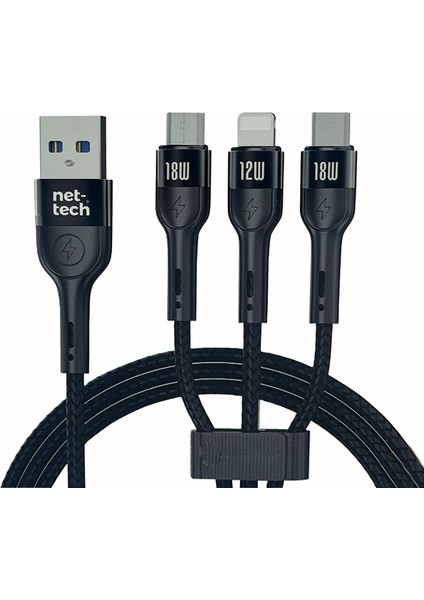 3in1 USB To Micro + Lightning + Type-C İp Örgü Hızlı Şarj Data Kablosu 100 Cm