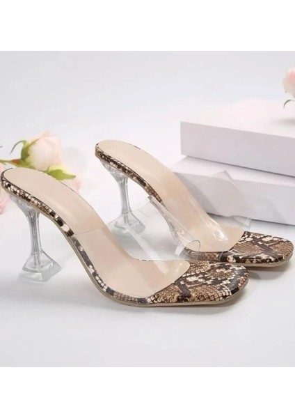 Kadın Yılan Nude Ten Bej Şeffaf 8 cm Şeffaf Topuklu Abiye Sandalet Ayakkabı Terlik