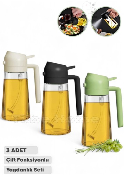 3 Adet Çift Fonksiyonlu Yağdanlık 450ML Zeytinyağı Sıvıyağ Cam Şişe Sprey Airfryer Yağlık Sirkelik