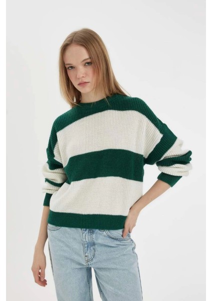 X4931 Coool Oversize Geniş Kalıp Bisiklet Yaka Çizgili Triko Kazak