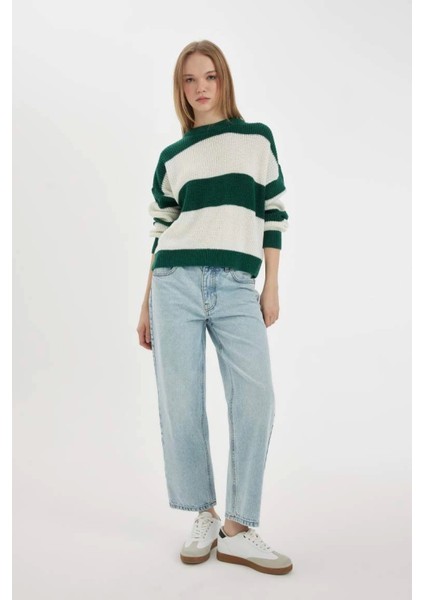 X4931 Coool Oversize Geniş Kalıp Bisiklet Yaka Çizgili Triko Kazak fiyatları