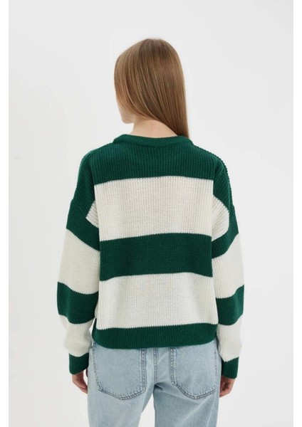 X4931 Coool Oversize Geniş Kalıp Bisiklet Yaka Çizgili Triko Kazak indirimleri