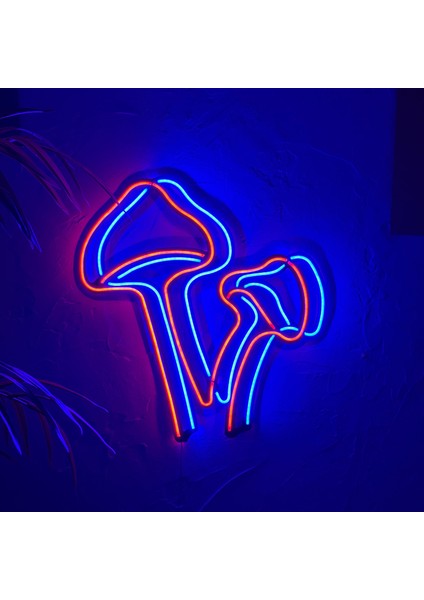 Mantarlar (Mushrooms) Neon Dekor,tabela - Modern ve Şık Metal Üzerine Neon Duvar Süsü | 51 cm x 55 cm